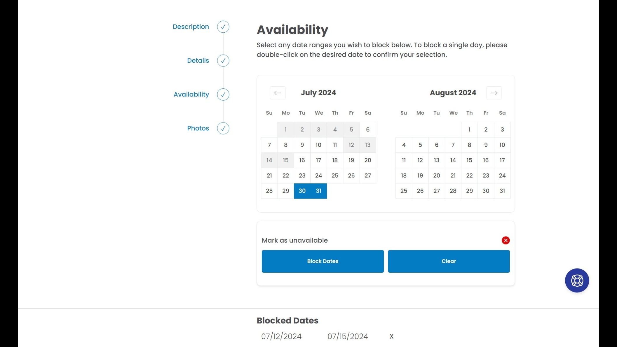OnBuoy Hosts can set blackout dates